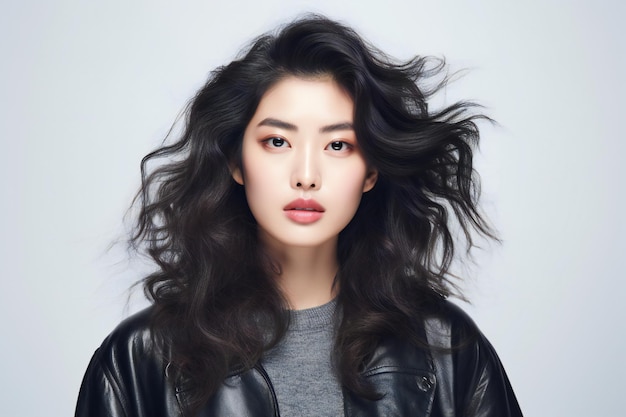 Beauty Chinese young woman with 80s style hair on soft white background