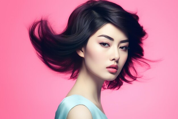 Beauty Chinese young woman with 80s style hair on soft white background