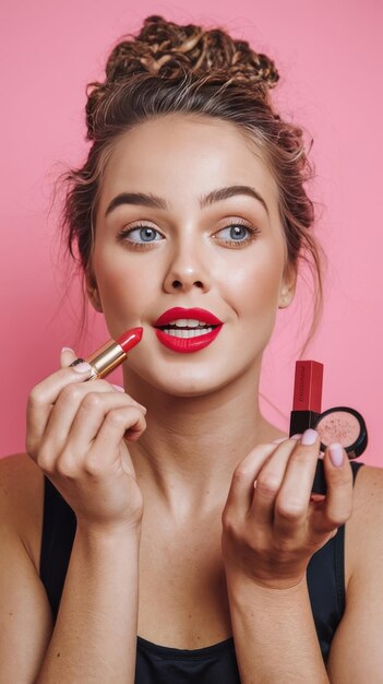 Photo beauty concept woman applying red lipstick with pink studio background beautiful girl makes makeup