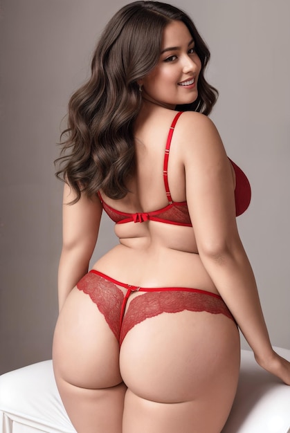 Beauty curve plus size fat woman in a red underwear lingerie in studio shotLong dark hairBack viewDigital creative designer fashion art