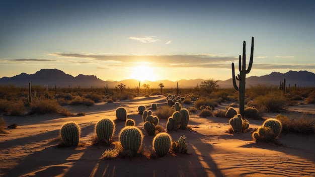 beauty of the desert as the sun dips below the horizon casting long shadows of cacti on the sandy gr