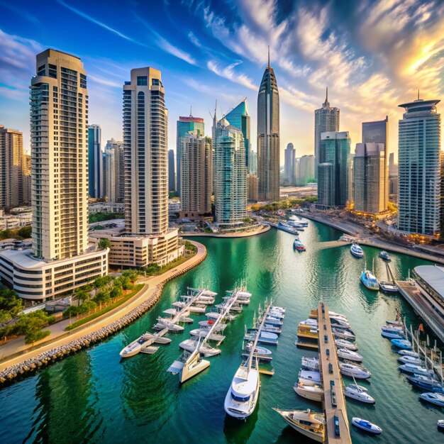 Photo the beauty of dubai marina a view from rooftop showing cityscape boats and the sea view