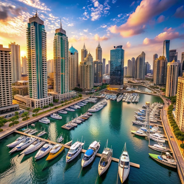 Photo the beauty of dubai marina a view from rooftop showing cityscape boats and the sea view