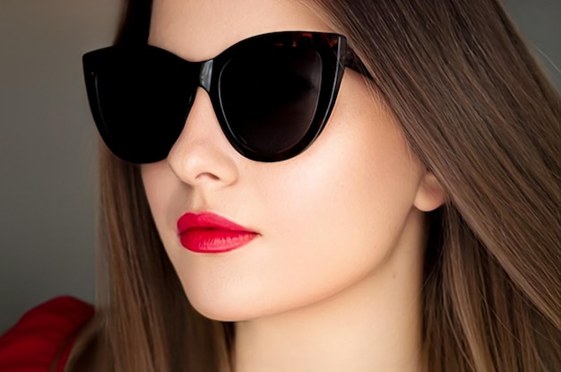 Beauty fashion and style face portrait of beautiful woman wearing stylish cat eye sunglasses and red lipstick makeup luxury accessory and summer lifestyle glamour and chic look