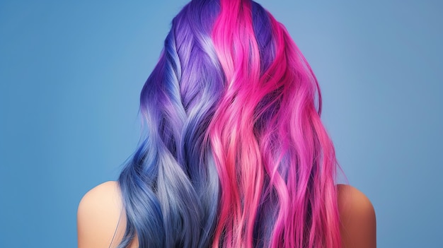 Beauty fashion woman with colorful blue pink and violet dyed hair view from back Generative AI