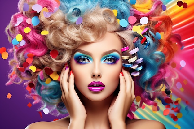 Beauty Girl Portrait with Colorful Makeup Vibrant Elegance