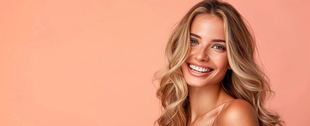 Photo beauty girl with healthy long curly hair blonde woman portrait on pastel peach background