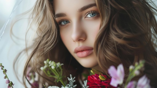 A beauty girl with long wavy hair holding a bouquet of flowers with her hair softly framing her face