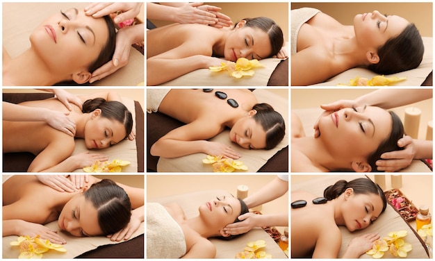 Photo beauty, healthy lifestyle and relaxation concept - collage of many pictures with beautiful asian woman having facial or body massage in spa salon