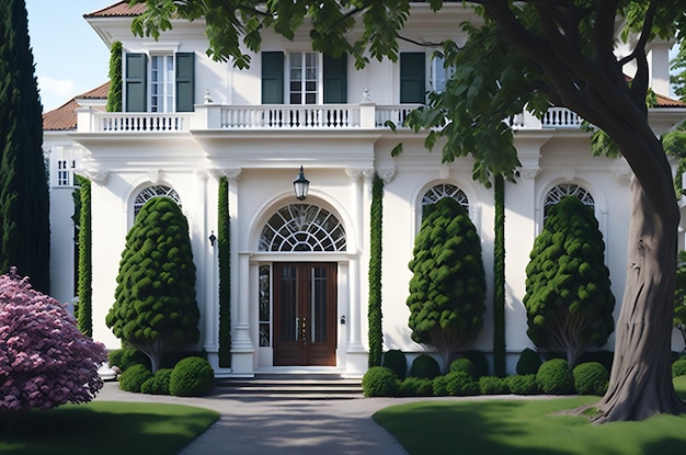 beauty house facade with trees scene