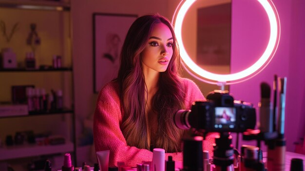 A beauty influencer recording a makeup tutorial with a camera and ring light setup surrounded by co