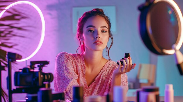 A beauty influencer recording a makeup tutorial with a camera and ring light setup surrounded by co