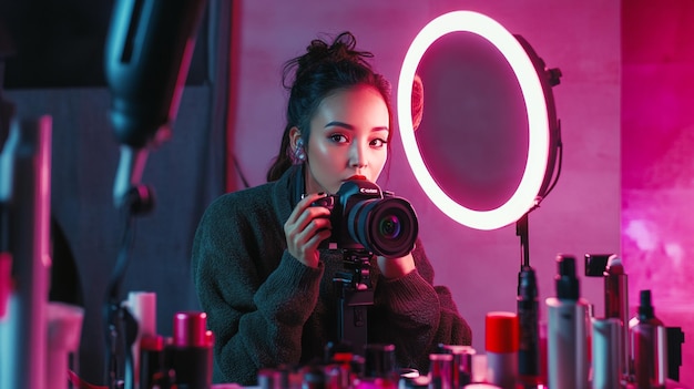 A beauty influencer recording a makeup tutorial with a camera and ring light setup surrounded by co