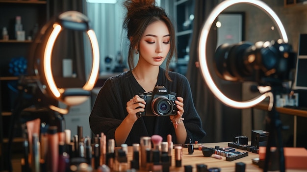 A beauty influencer recording a makeup tutorial with a camera and ring light setup surrounded by co