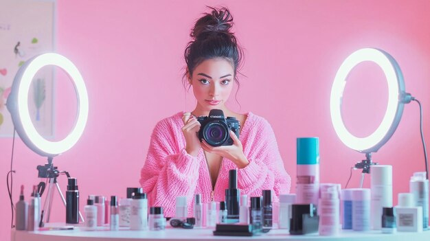 Photo a beauty influencer recording a makeup tutorial with a camera and ring light setup surrounded by co