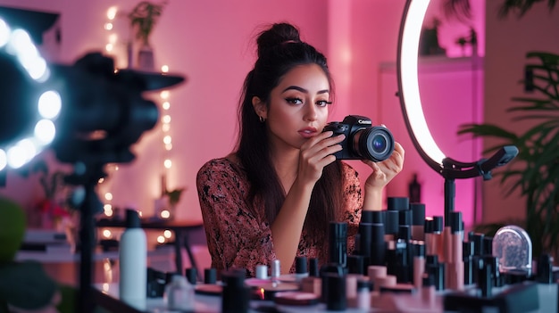 A beauty influencer recording a makeup tutorial with a camera and ring light setup surrounded by co