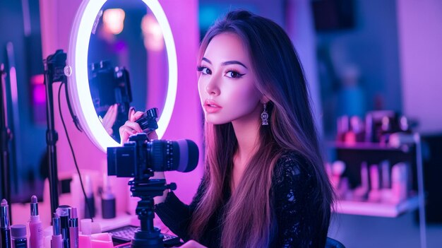 A beauty influencer recording a makeup tutorial with a camera and ring light setup surrounded by co