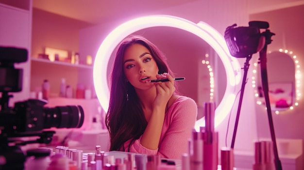 A beauty influencer recording a makeup tutorial with a camera and ring light setup surrounded by co