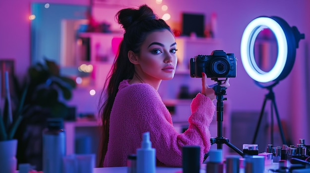 A beauty influencer recording a makeup tutorial with a camera and ring light setup surrounded by co