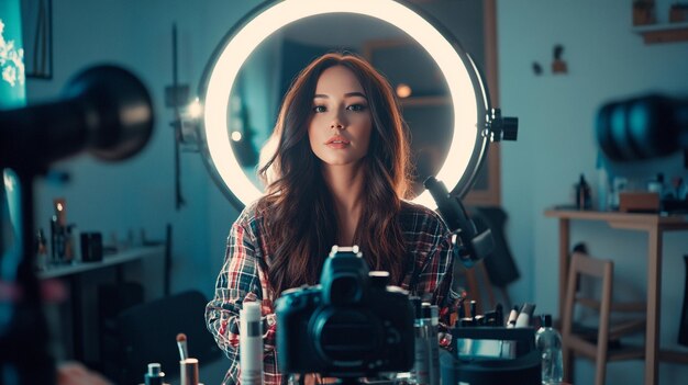 A beauty influencer recording a makeup tutorial with a camera and ring light setup surrounded by co