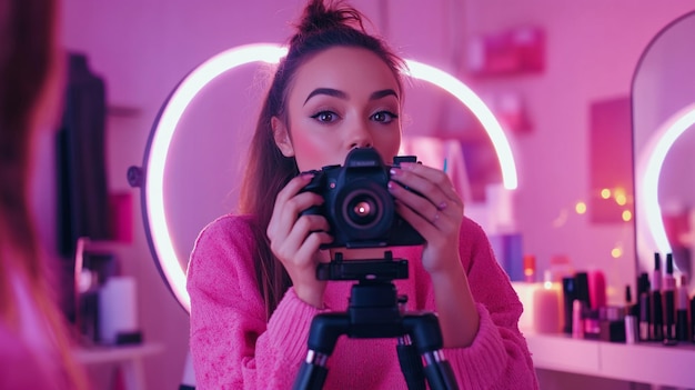 Photo a beauty influencer recording a makeup tutorial with a camera and ring light setup surrounded by co