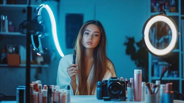 A beauty influencer recording a makeup tutorial with a camera and ring light setup surrounded by co