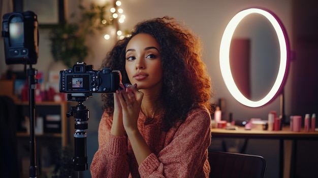 Photo a beauty influencer recording a makeup tutorial with a camera and ring light setup surrounded by co