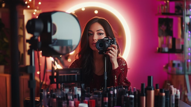 A beauty influencer recording a makeup tutorial with a camera and ring light setup surrounded by co