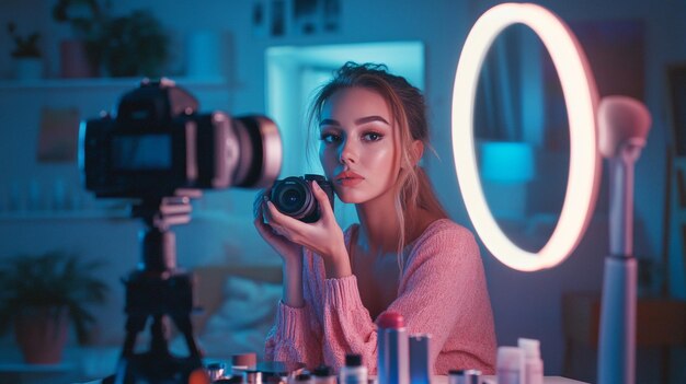 Photo a beauty influencer recording a makeup tutorial with a camera and ring light setup surrounded by co