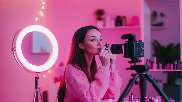 A beauty influencer recording a makeup tutorial with a camera and ring light setup surrounded by co