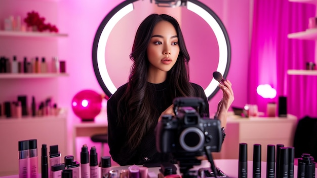 A beauty influencer recording a makeup tutorial with a camera and ring light setup surrounded by co