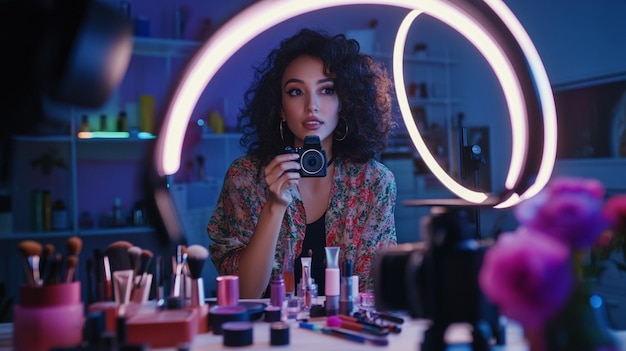 A beauty influencer recording a makeup tutorial with a camera and ring light setup surrounded by co