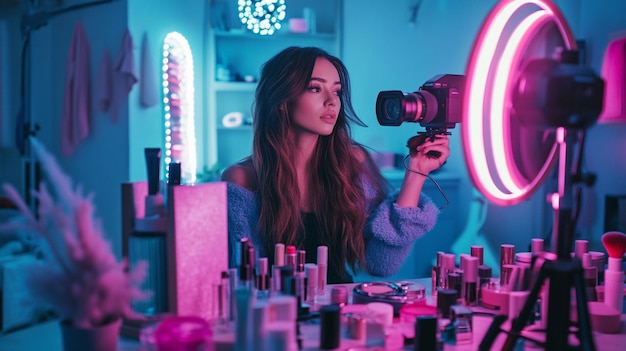 A beauty influencer recording a makeup tutorial with a camera and ring light setup surrounded by co