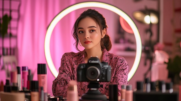 A beauty influencer recording a makeup tutorial with a camera and ring light setup surrounded by co