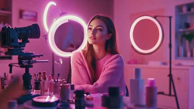 A beauty influencer recording a makeup tutorial with a camera and ring light setup surrounded by co