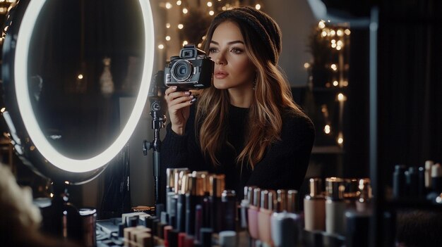 A beauty influencer recording a makeup tutorial with a camera and ring light setup surrounded by co