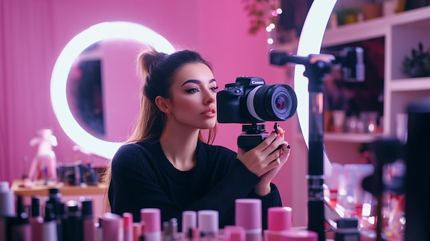 Photo a beauty influencer recording a makeup tutorial with a camera and ring light setup surrounded by co