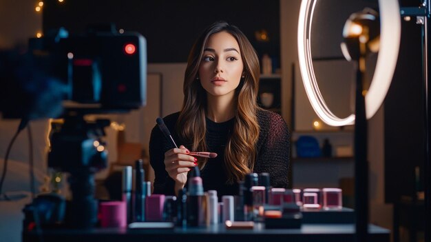 A beauty influencer recording a makeup tutorial with a camera and ring light setup surrounded by co