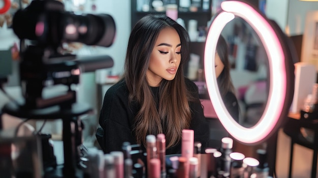 A beauty influencer recording a makeup tutorial with a camera and ring light setup surrounded by co