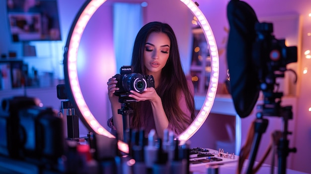 A beauty influencer recording a makeup tutorial with a camera and ring light setup surrounded by co