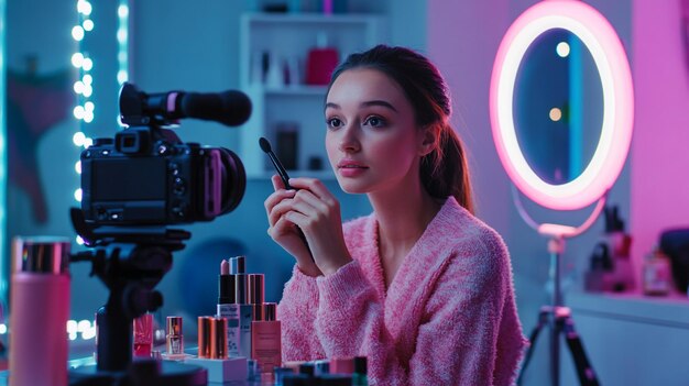 A beauty influencer recording a makeup tutorial with a camera and ring light setup surrounded by co