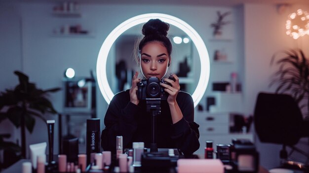 A beauty influencer recording a makeup tutorial with a camera and ring light setup surrounded by co