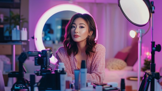 A beauty influencer recording a makeup tutorial with a camera and ring light setup surrounded by co