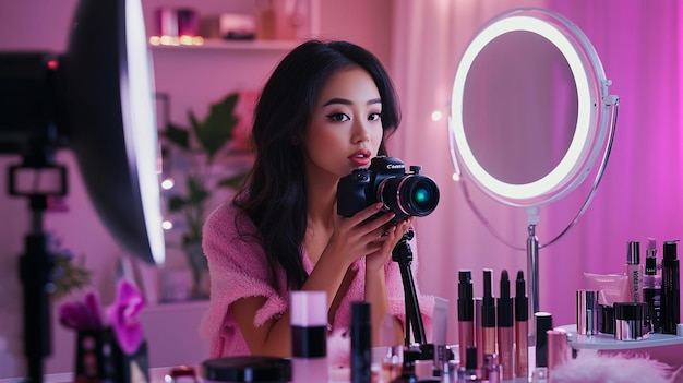 A beauty influencer recording a makeup tutorial with a camera and ring light setup surrounded by co