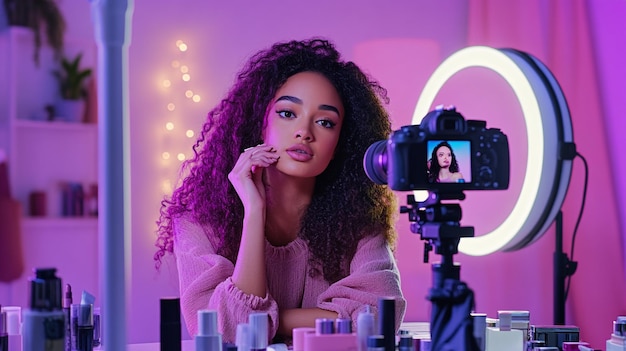 A beauty influencer recording a makeup tutorial with a camera and ring light setup surrounded by co