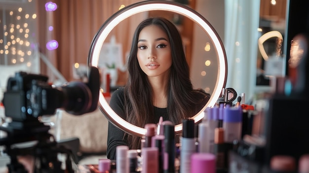 A beauty influencer recording a makeup tutorial with a camera and ring light setup surrounded by co