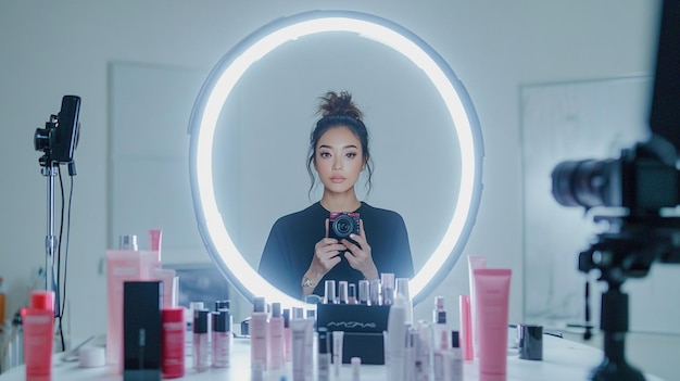 Photo a beauty influencer recording a makeup tutorial with a camera and ring light setup surrounded by co