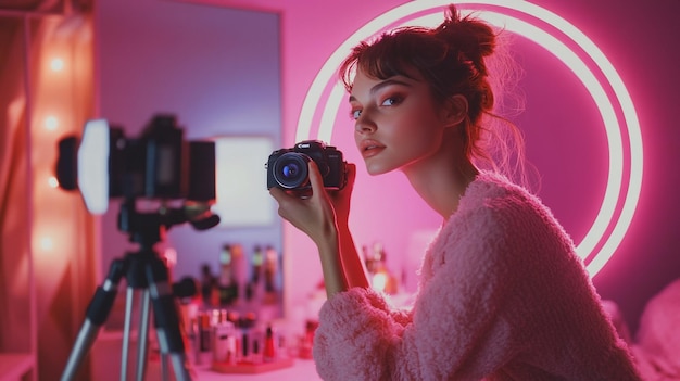 Photo a beauty influencer recording a makeup tutorial with a camera and ring light setup surrounded by co