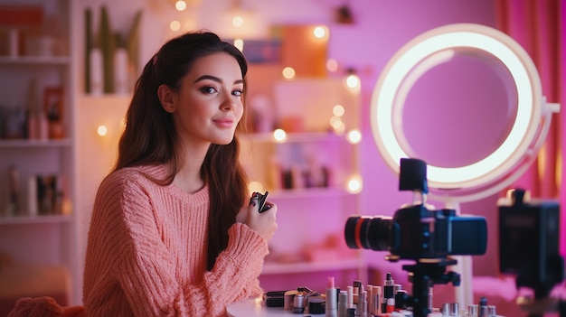 A beauty influencer recording a makeup tutorial with a camera and ring light setup surrounded by co