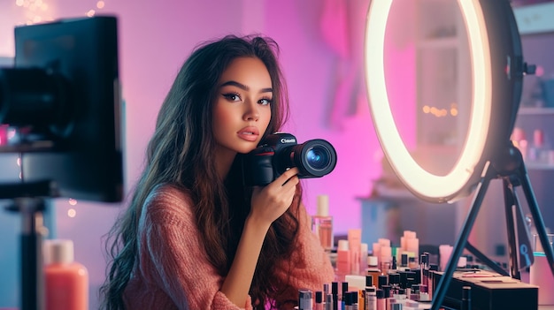 A beauty influencer recording a makeup tutorial with a camera and ring light setup surrounded by co